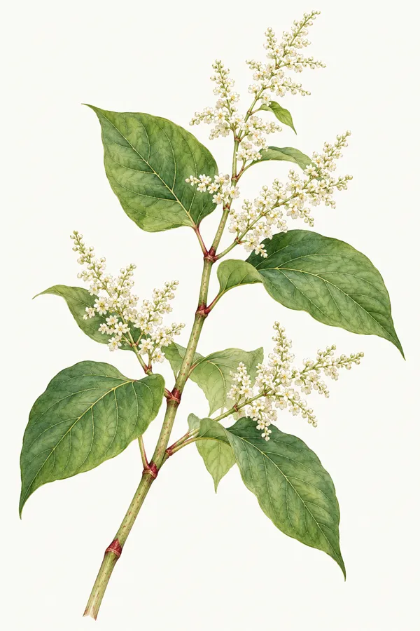 Decorative botanical illustration of a flowering knotweed branch